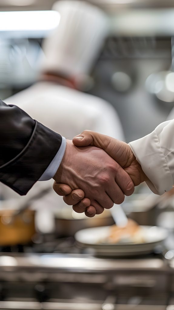 Poignée de main entre un chef d'établissement qui à choisi l'AGREC et un membre de l'équipe de cuisine